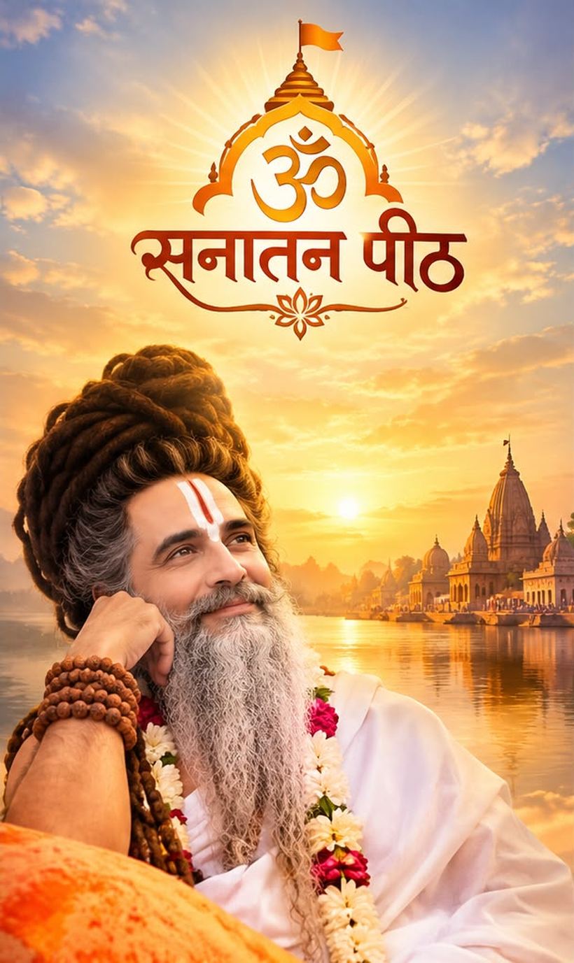 Sanatan Peeth logo above Maharaj Ji at a riverside ghat at sunrise
